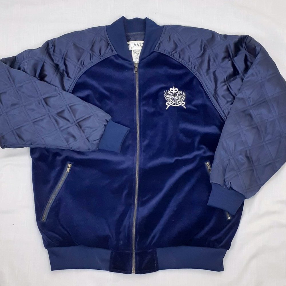 Vintage Lavon Bomber Jacket Size S. Dark Blue 90s Velour Satin quilted sleeves.